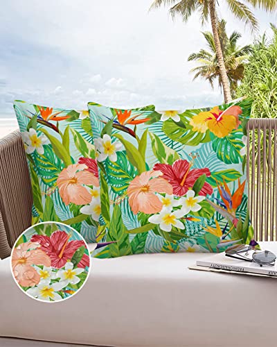 T&H XHome Outdoor Waterproof Throw Pillow Covers 16 x 16 Inches Set of 2 Vivid Tropical Flowers Decorative Cushion Cover Pillowcase for Garden Patio Tent Beach Bedroom Livingroom Sofa Couch