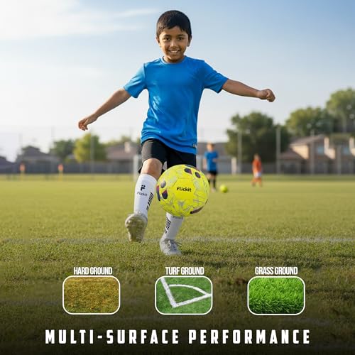 Image of FLICKIT Football Size 3 with AI Training App Compatible | Premium PU 32 Panel Stitched Football | Match Ball for Kids (Ages 5+) Indoor Outdoor Grass & Turf Play | Yellow