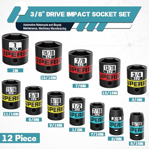 Image of 12 Piece 3 /8 inch Drive Impact Socket Set, 5 /16 inch - 1 inch Shallow Socket, SAE, 6 Point, CR-V, Automotive Motorcycle and Bicycle Maintenance, Machinery Manufacturing