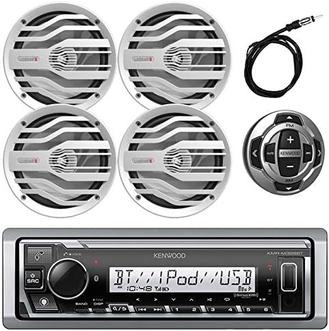 New Kenwood In Dash Marine Boat Yacht Bluetooth Digital USB AUX iPod iPhone AM/FM Radio Stereo Player & Kenwood KCA-RC35MR Wired Remote Control for Kenwod Marine Stereo With 4 X 6.5" Inch MB Quart Marine Audio Stereo Speakers System And Enrock Marine 45" A