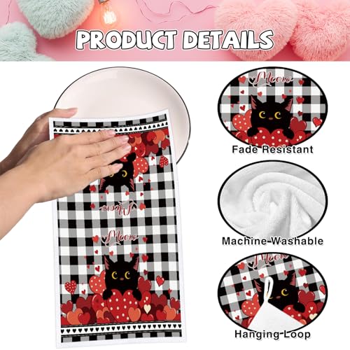 Image of Valentines Day Kitchen Towels, 4 PCS Black Cat Red Heart Dish Towels, Absorbent Hello Love Dish Cloth Hand Towel for Kitchen Anniversary Wedding Valentines Decoration Housewarming Gifts