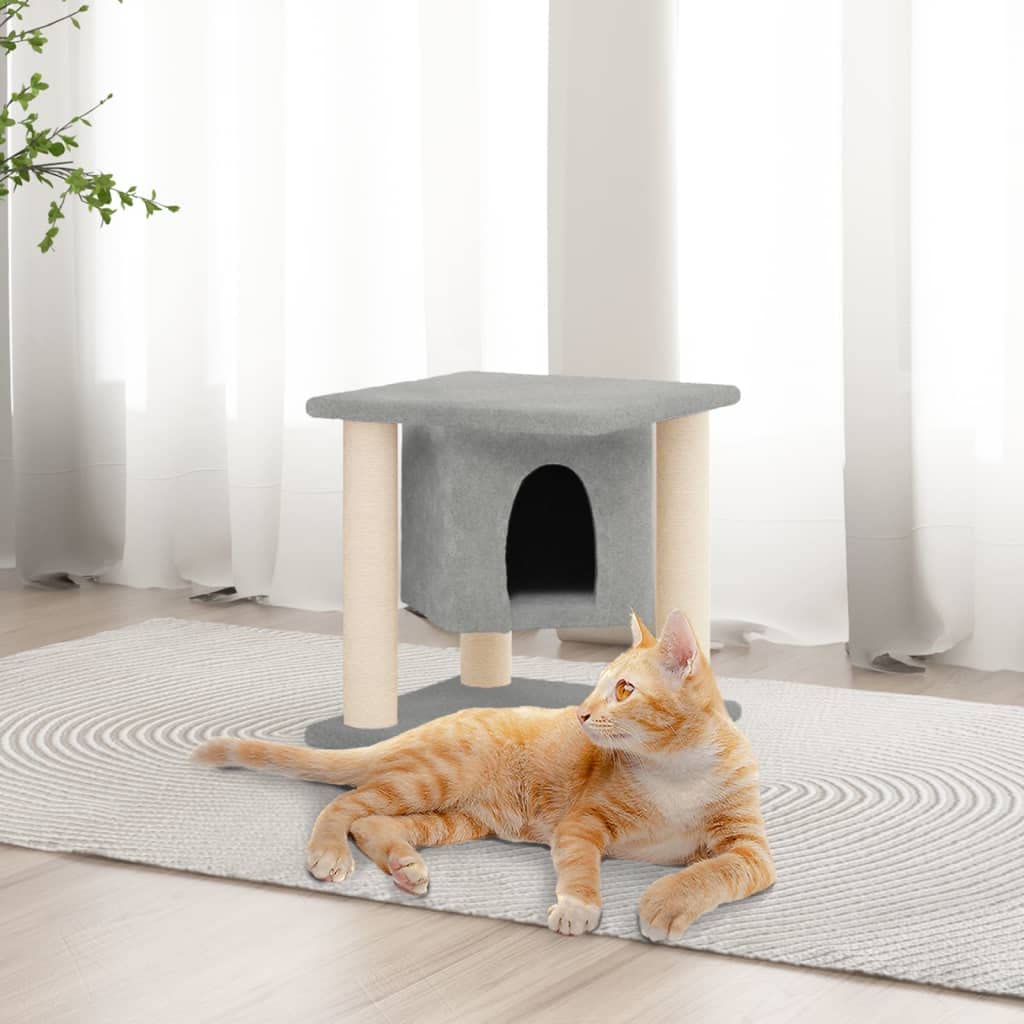 Rascador pequeño con columna rascadora de sisal, árbol rascador para gatos con cueva y superficie de descanso, muebles rascadores para gatos y gatitos, torre de felpa, gris claro, 35 x