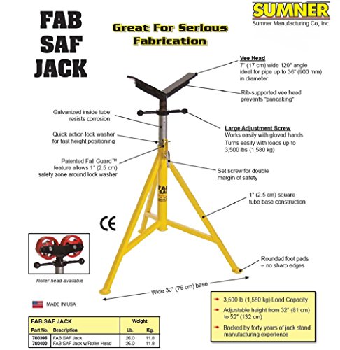 SUMNER 780400 FAB SAF Jack, Roller Head, 32\" to 52\" Adjustable Height, 3500 lb. Capacity\"