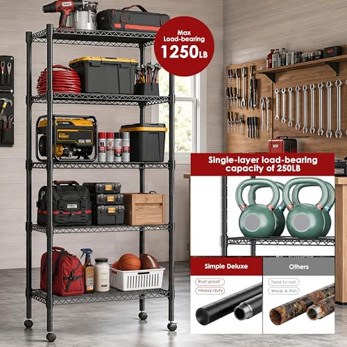 Image of Simple Deluxe 5-Tier Heavy Duty Adjustable Shelf with Wheels, 23.23 inchW x 13.39 inchD x 59.45 inchH,Metal Storage Rack, Easy Tool-Free Assembly for Garage, Warehouse, Basement, Laundry, Black