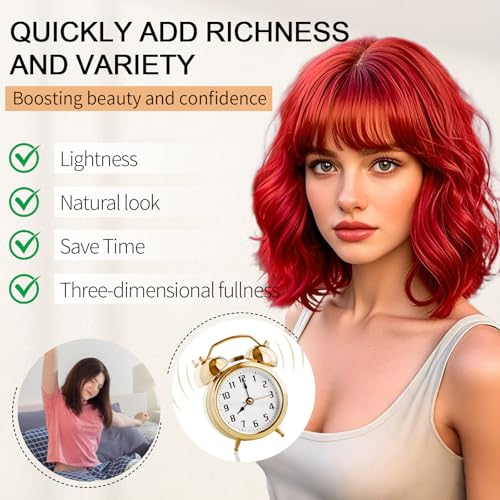 Image of AGO Red Wigs Short Wavy Hair with Bangs Curly Bob Wig Shoulder Length 14Inch Synthetic Hair for Women Girl Colorful Wig Heat Resistant Fiber Hair for Daily Party Halloween Cosplay Use(116A#DarkRed)