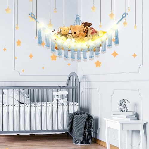 Image of CERETIA Stuffed Animal Hammock with LED Light, Large Stuffed Animals Storage Corner Plushie Net for Kids Room Decor, Baby Blue
