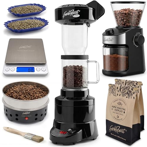 Ultimate Home Coffee Roasting Starter Kit, Fresh Roast SR800, Glass EXT Tube, Bean Cooler, Burr Grinder, Green Bean Sample Pack (2lbs), Sample Trays (2)