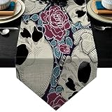 KnBoB Chemin Table Lavable, Chemin de Table Coton Lin Crâne et Roses Decoration Table - Style 4 46x183CM