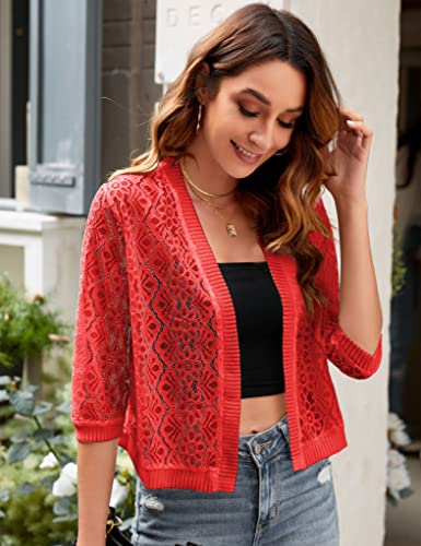 Image of FindThy Women's Casual Summer Lace Cardigan Open Front 3 /4 Sleeve Solid Lace Shrug Cover Up