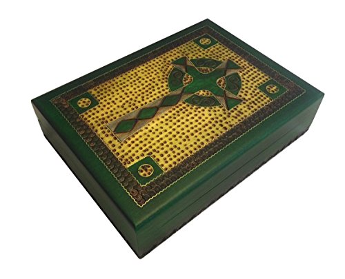 Celtic Cross Box Irish Green Wooden Keepsake Handcrafted Polish Wood Decorative Box W/ Brass Inlay #TOP9