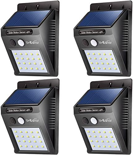 20 LED Solar Lights Outdoor,LivEditor Waterproof Solar Powered Motion Sensor Light Wireless Security Lights Outside Wall Lamp for Driveway Patio Garden Path - 4 Pack