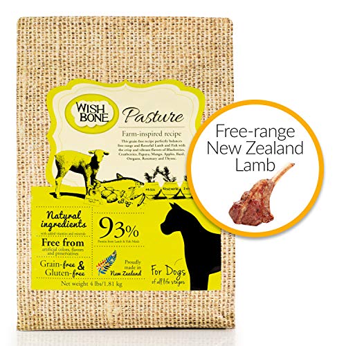 Wishbone Pasture Taurine Enriched for Heart Health Dry Dog Food, Made from New Zealand Lamb Dog Food, Free-range, Grass-fed New Zealand Lamb Dry Dog Food, All Natural Dry Dog Food, Rich in Omega 3 and High Protein Dry Dog Food, 4 lbs.