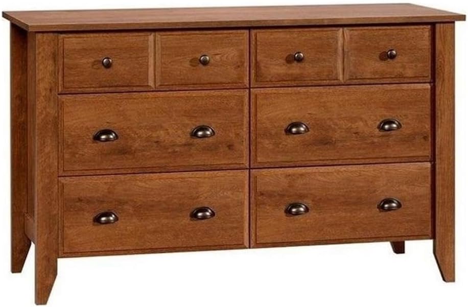Pemberly Row 6-Drawer Transitional Engineered Wood Dresser, Oiled Oak Finish, 54.63 in W x 19.5 in D x 33 in H, Double Dresser with Deep Storage Drawers, Bedroom Furniture for Clothes and Linen