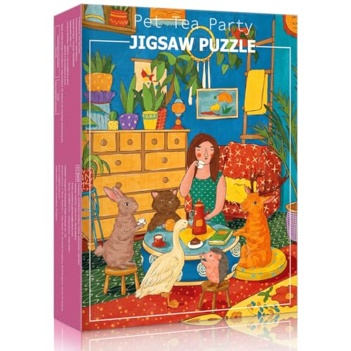 Image of HUADADA 500 Piece Jigsaw Puzzles for Adults, Puzzles for Adults, Cozy Vintage Animal Tea Party Art, Ideal for Home Decor & Gifting(No partitioned areas on the back)