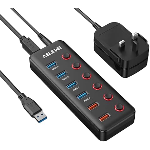 Powered USB 3.0 Hub, ABLEWE 6-Port USB Hub USB Splitter (4* USB 3.0 Ports+2 *36W QC 3.0 Fast Charging Ports ) with Individual LED On/Off Switches, USB Hub with 12V/3A Power Adapter-Mac/ Windows/Chrome Cover
