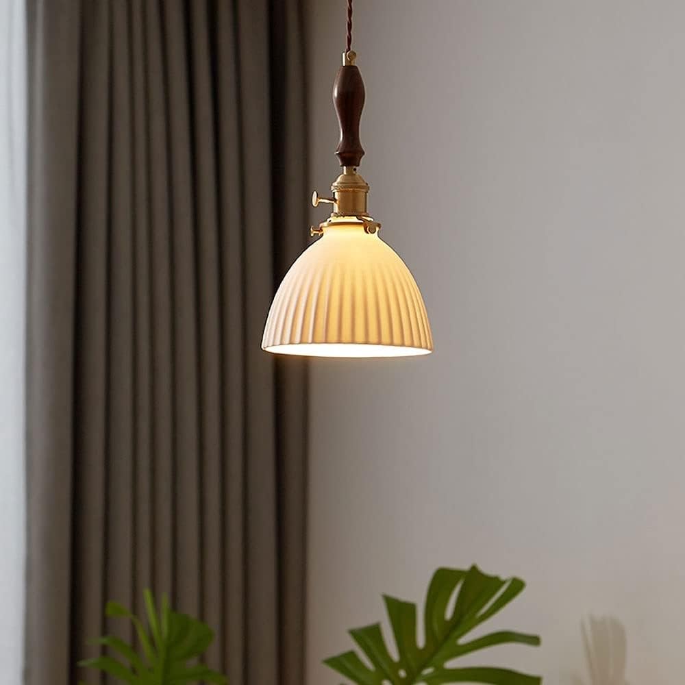 BLOOHK Pleated Milky White Glass Pendant Light, Retro Trumpet Hanging Lamp, Brass Wood Accent Chandelier for Bedside Dining Room Kitchen Island