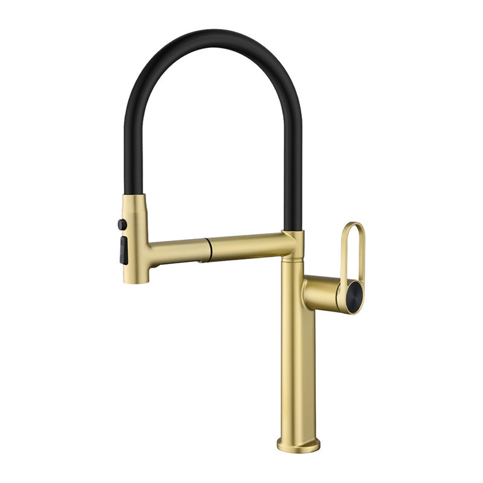 Fanjubei String Gold Copper Kitchen Faucet, Brushed Gold, Pull-Out, Hot And Cold Rotating