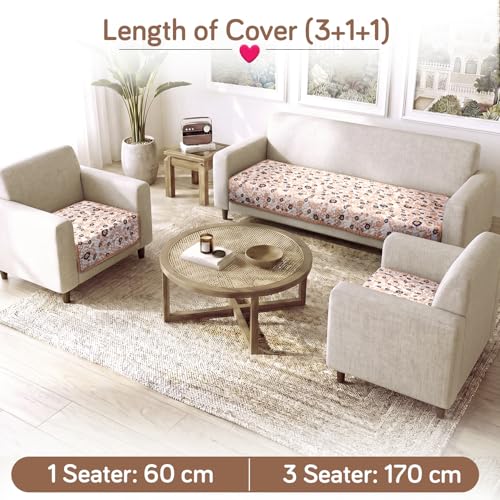 Image of HOKIPO 'Homehues Series' Printed Quilted Sofa Cover Mat for 5 Seater Set - Light Peach Candytuft (IN-806 * 2 + IN-809 - D6)