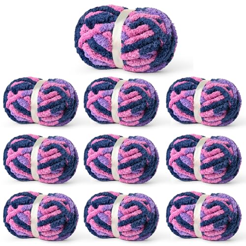 Image of Chunky Jumbo Chenille Yarn Multicolor 10 Pack | 2000g /240yds Super Bulky Baby Soft Yarn for Hand Knitting Fluffy Chunky Knit Throw Blanket Yarn