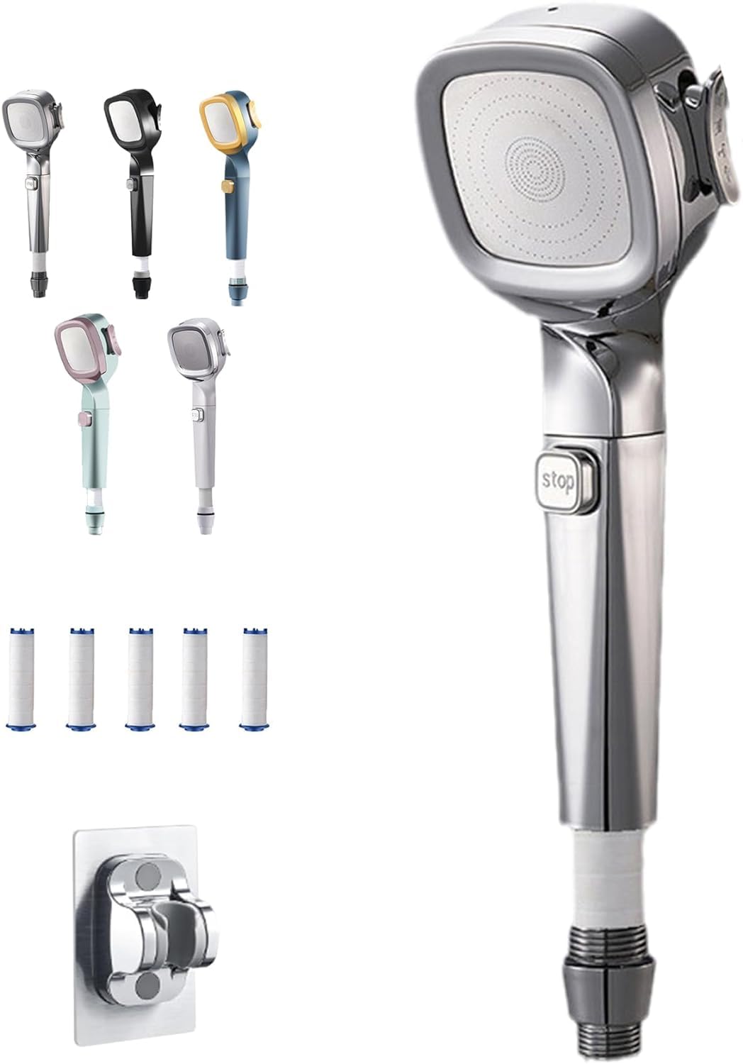 Pomme De Douche à Pression Avec Interrupteur De Pause, Cartouche Intégrée à économie D'eau, Pommeau De Douche à 4 Modes De Pulvérisation Avec Filtre (noir