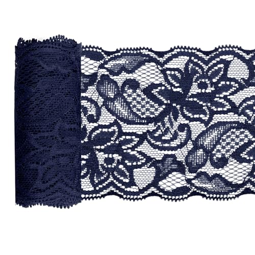 Glarks 1 rouleau de ruban en dentelle en tissu - 4,57 m x 150 mm - Bleu marine - Motif floral - Élastique - Extensible - Pour décoration de mariage, couture, fabrication d'arcs de cheveux