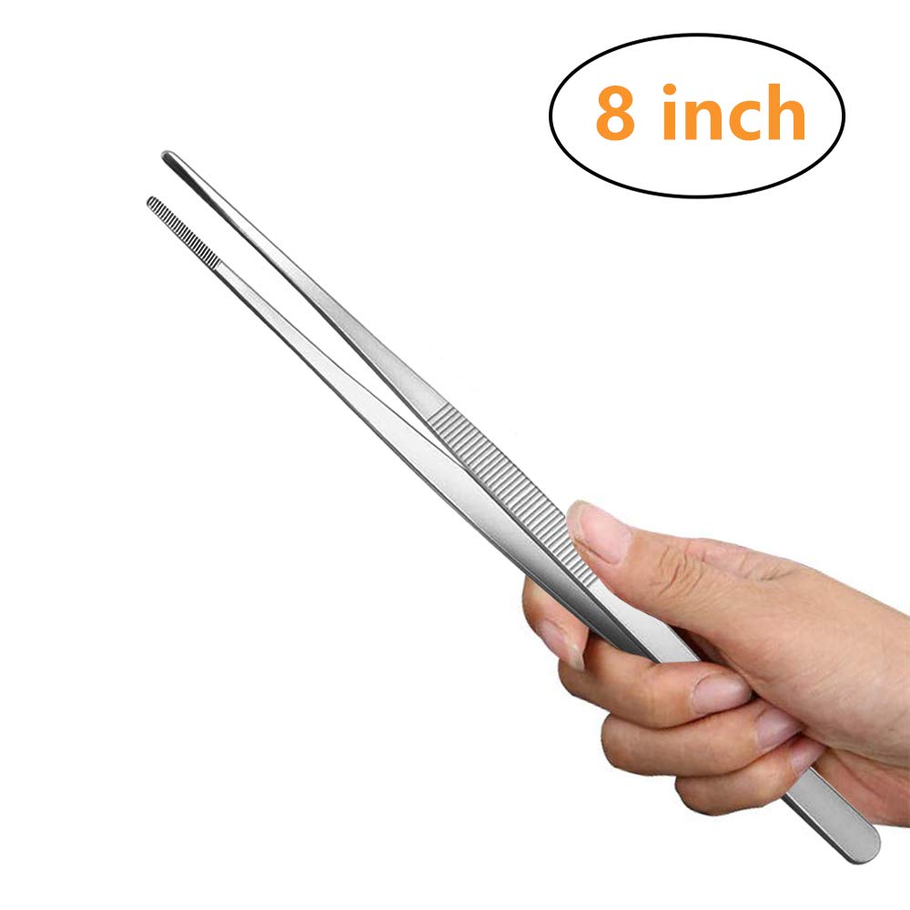 Pinzas de cocina de acero inoxidable de 8 pulgadas de largo, pinzas grandes resistentes para alimentos con puntas dentadas de precisión para cocinar (8 pulgadas rectas + curvas)