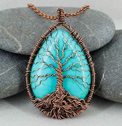Handmade Tree of life blue turquoise necklace Healing and protection amulet Wire wrapped pendant Fashion unisex jewelry Copper anniversary gift ideas for men and women