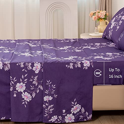Meishang Queen Sheet Set Floral Printed Sheets Ultra Soft 100% Microfiber - 16 Inch Deep Pocket Comfortable Purple Pattern Printed Sheet Set - 4 Pieces Purple Queen #TOP6
