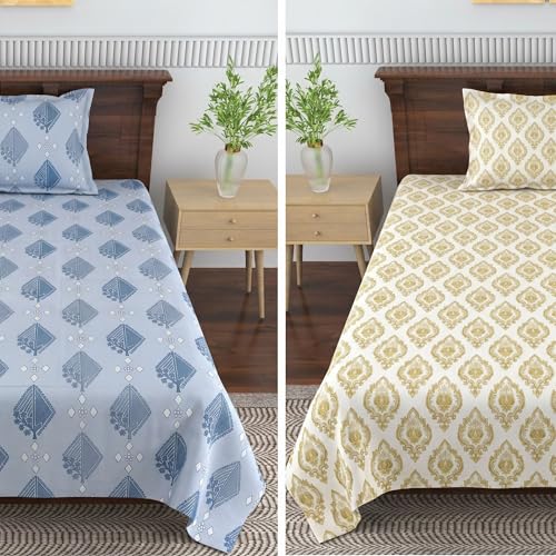 Image of Mafatlal Grace Cotton Single Bedsheet Combo Pack of 2 with Pillow Covers | 180 TC Soft Breathable Fabric | Vibrant Floral Printed Single Bed Sheets | Sunflower Yellow & Turquoise Blue