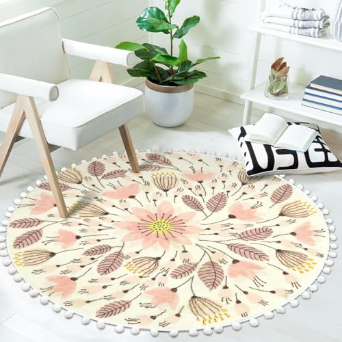 Uphome Round Rugs For Bedroom 4' Circle Cute Area Rug With Pom Poms Fringe Floral Plant Washable Throw Rugs Non-Slip Soft Floor Mats For Entryway Laundry Living Room Kids Room Nursery thumb #5