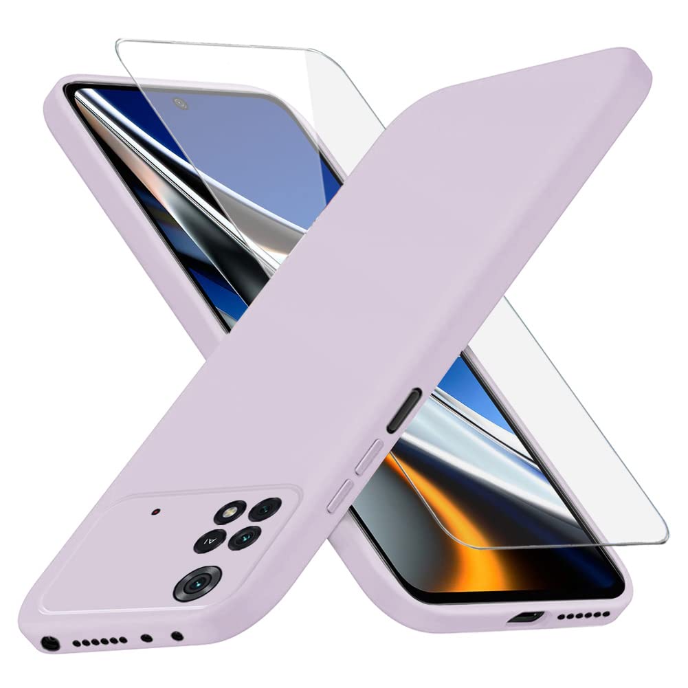 Richgle Compatible with Xiaomi POCO X4 Pro 5G Case & Tempered Glass Screen Protector, Slim Soft TPU Silicone Case Cover Shell Compatible with POCO X4 Pro 5G - Light Violet RG81501