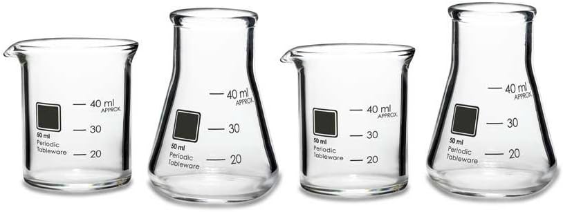 Periodic Tableware Laboratory Beaker Shot Glasses - 3.3 Borosilicate Glass with Graduated Measurements, 2 Beakers & 2 Erlenmeyer Flasks, 50ml / 1.7oz - Science Gift for Teachers