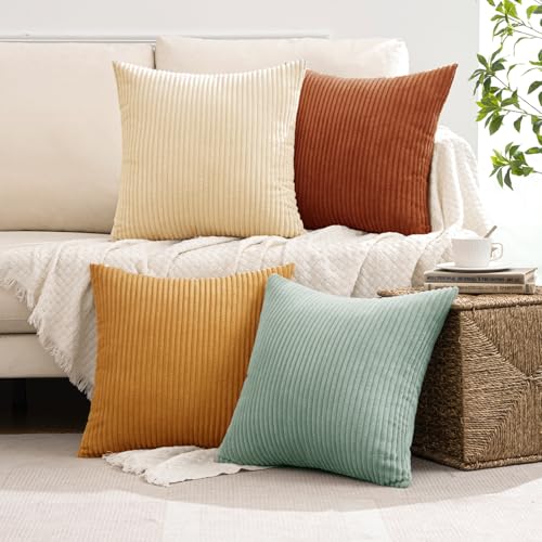 Image of MIULEE Boho Farmhouse Throw Pillow Covers 18x18 Inch Set of 4 Summer Modern Natural Decorative Cushion Covers Soft Corduroy Fall Home Decor for Couch Bed Sofa Living Room Teal-Rust Gradient Series