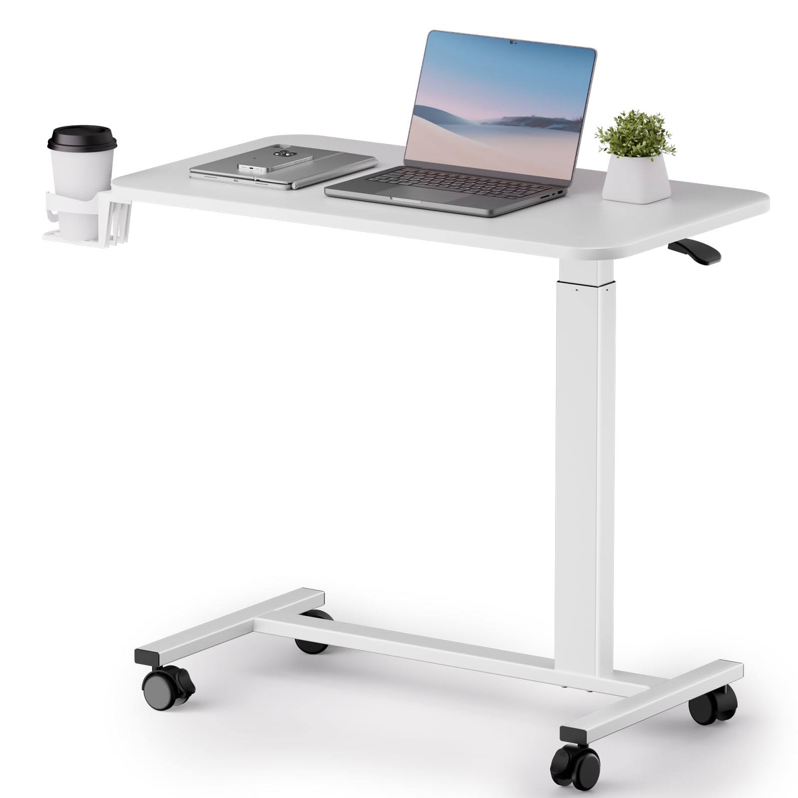 Photo 1 of **See Clerk Notes**COMHOMA Adjustable Overbed Bedside Table with Lockable Wheels, Pneumatic Mobile Standing Laptop Desk, Small Portable Rolling Overbed Table Hospital Home Use(32" W x 18" D, White)