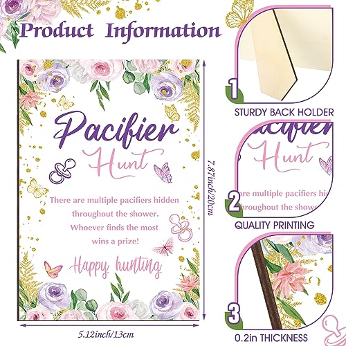 Image of Thyle 51 Pcs Pacifier Hunt Baby Shower Games Include Hunt Sign and 50 Acrylic Pacifiers for Baby Shower Game Decoration Gift Sets Gender Reveal Party Decor(Butterfly)