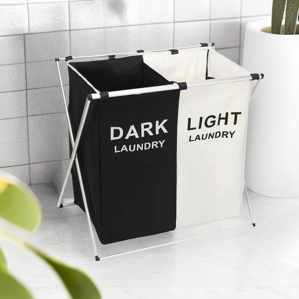 Laundry Basket 2 Section,Dirty Clothes Hamper,Foldable Laundry Sorter, Laundry Hamper With Side Pocket(Black and White)