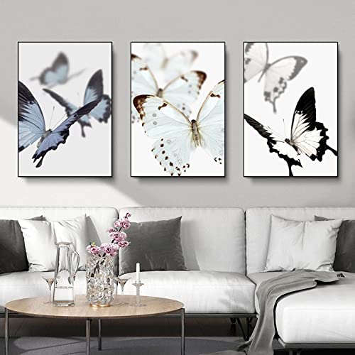 Toile papillon blanc pur bleu noir triptyque de salon 70x100 cm style art minimaliste