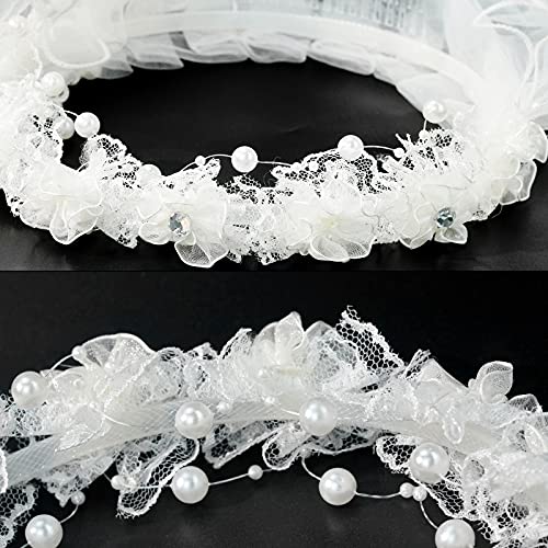 Lystaii Girls Bowknot Rhinestone Flower Veil Girls First Holy Communion Headband Hair Wreath Floral Crown Pearls Crystal Lace Headpiece Veil White for Wedding Party3