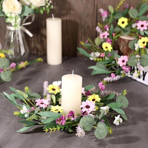 Image of 8 Pcs Spring Summer Artificial Flowered Wreath Mini Floral Wedding Candle Rings Wreaths 3inch Kitchen Cabinet Swags Wreath Pillar Candle Holder for Wedding Spring Summer Home Door Tabletop Decoration