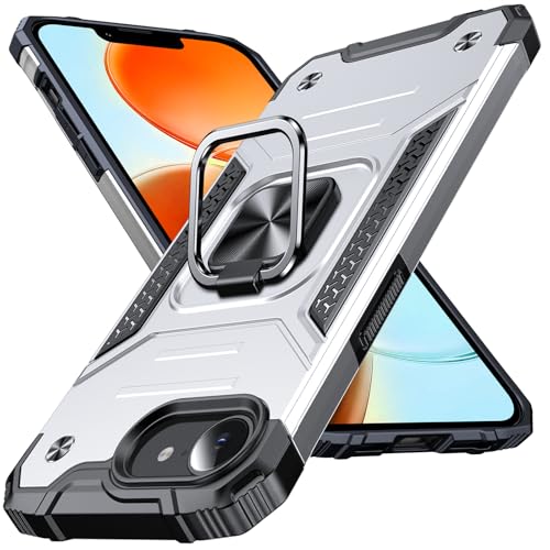 Image of Anqrp Heavy Duty Case for iPhone 17e /16e Case with Enhanced Ring Holder Grip Stand, Military Grade Shockproof Rugged Drop Protective Silicone Hard Slim iPhone 17e /16e Phone Case Cover,Silver