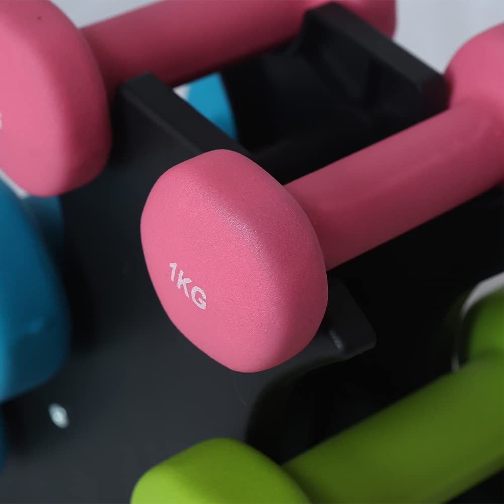 BAKAJI Set mit 6 Hanteln für das Fitnessstudio mit Ständer (2 x 1 kg + 2 x 2 kg + 2 x 3 kg), Fitnessgewichte mit Schaumstoffbeschichtung, ergonomisch, rostfrei, rutschfest, körperliche Rehabilitation,