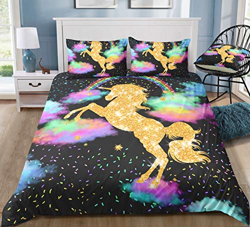 Suncloris, Rianbow Sparkling Dots Unicorn Bedding Set, 3D Digital Printing Rich Glitter Horse Quilt Cover Zippered Duvet Cover With 2 Pillow Shams For Kids And Adults (03, Queen) #TOP1