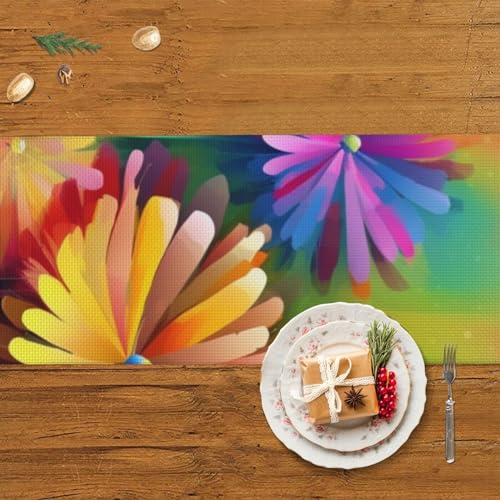 Chemin de table rustique à pompons imprimé fleurs colorées 35x152 cm - 6
