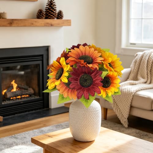 Image of 9PCS Sunflower Fall Artificial,Fake Silk Orange Red Yellow Sunflower | 13.8 inch Autumn Artificial Flowers for Fall Home Decor, Baby Shower, Wedding Decor and Cemetery Flowers Decor