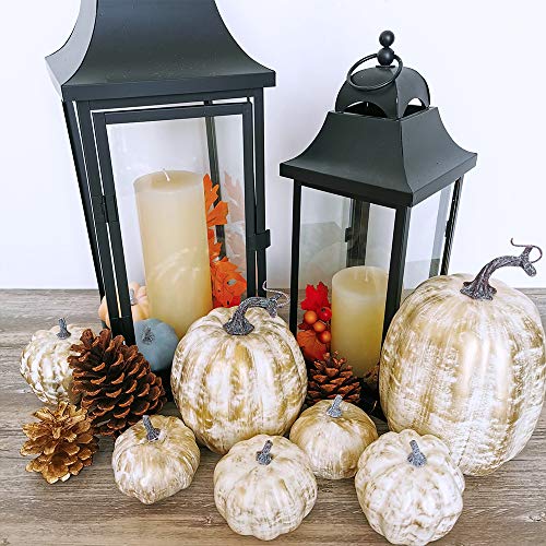 Image of 7 Pcs Assorted Sizes Fall Artificial Pumpkins Harvest Pumpkins Faux Foam Pumpkins for Fall Autumn Season Halloween Thanksgiving Harvest Holiday Season Festive Tabletop Decoration (Gold Brush White)