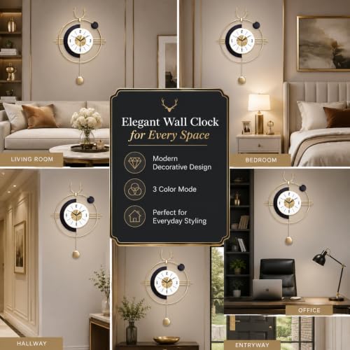 Image of Smartway Mitrin 6 Watt LED Wall Lamp with Clock | Modern Decorative Wall Light with Deer Art & Golden Pendant | 3 Light Modes (Warm, Natural & Cool White) | Bedroom, Living Room & Bedside