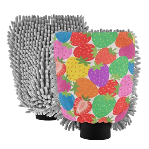 Manopla de lavado colorido de dibujos animados de fresa y fruta, microfibra sin arañazos, guantes de lavado de coches, 2 unidades