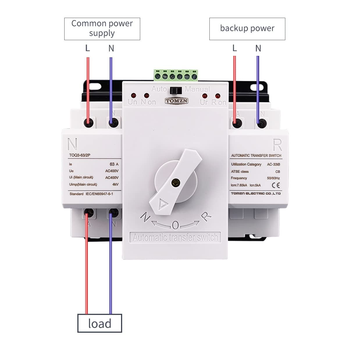 Interruttore Magnetotermico Differenziale ATS 2P 63A 230V MCB Tipo Dual Power Switch di trasferimento automatico(2 INPUT 1 OUTPUT)