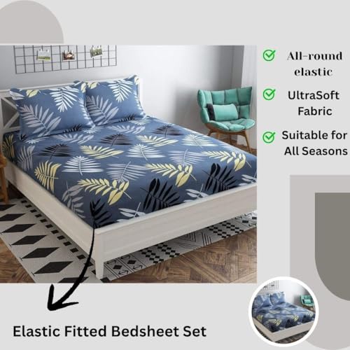 Image of 300 Tc Cotton Feel Glace Cotton Fully Elastic Fitted Leaf, Grey Leaves Bedsheet Queen Size Double Bed With 2 Pillow Covers (60 inch X 78 inch Inches)
