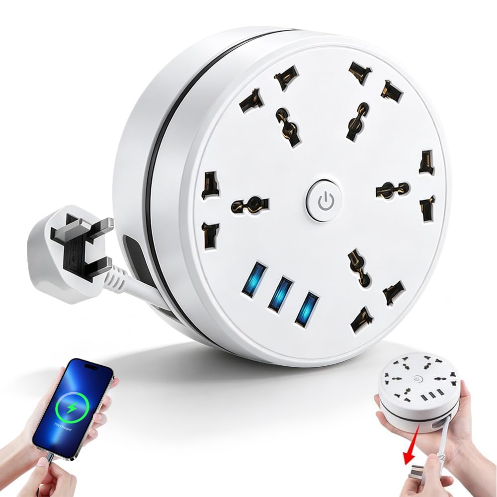 BIZOI Extension Lead With USB Slots, 5-Outlet Surge Protector Power Strip with 3 USB Ports, 2.8m Safer Plug Extension Socket, 2500W 10a Muti Power Strip, Rollable Retractable Travel Extension Lead